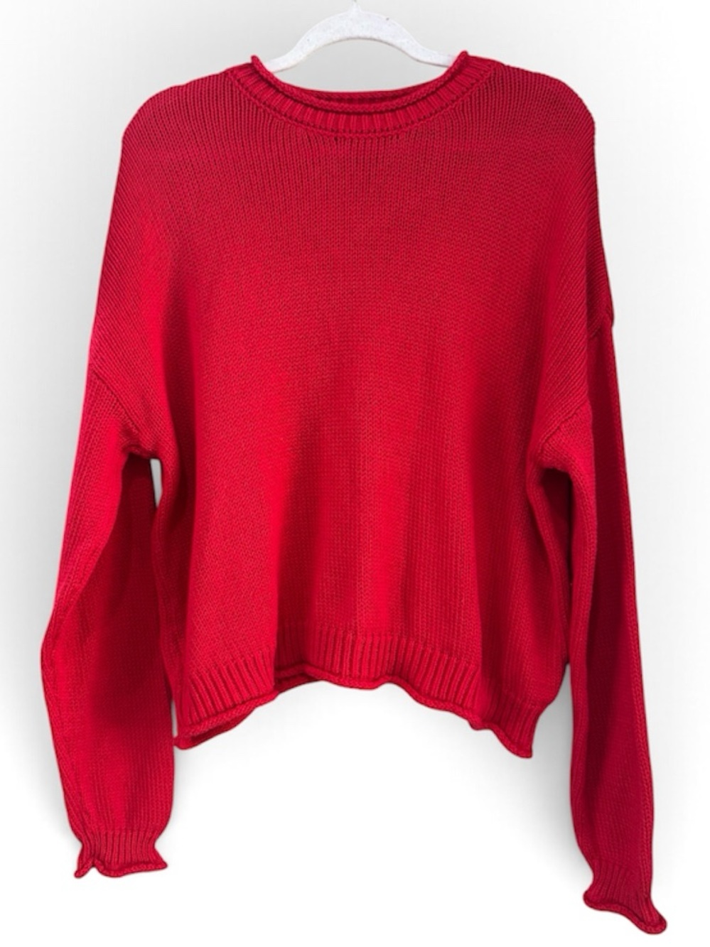 Zenana Tomato Red Cotton Sweater Oversized Drop Shoulder Rolled Hem Crewneck
